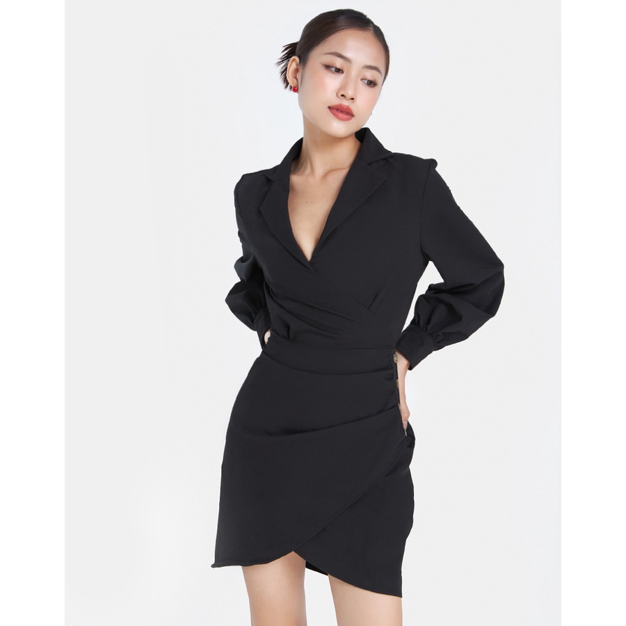 Đầm Mini Thời Trang JUNO Tay Dài, Đắp Chéo Xếp Ly JNDNG009