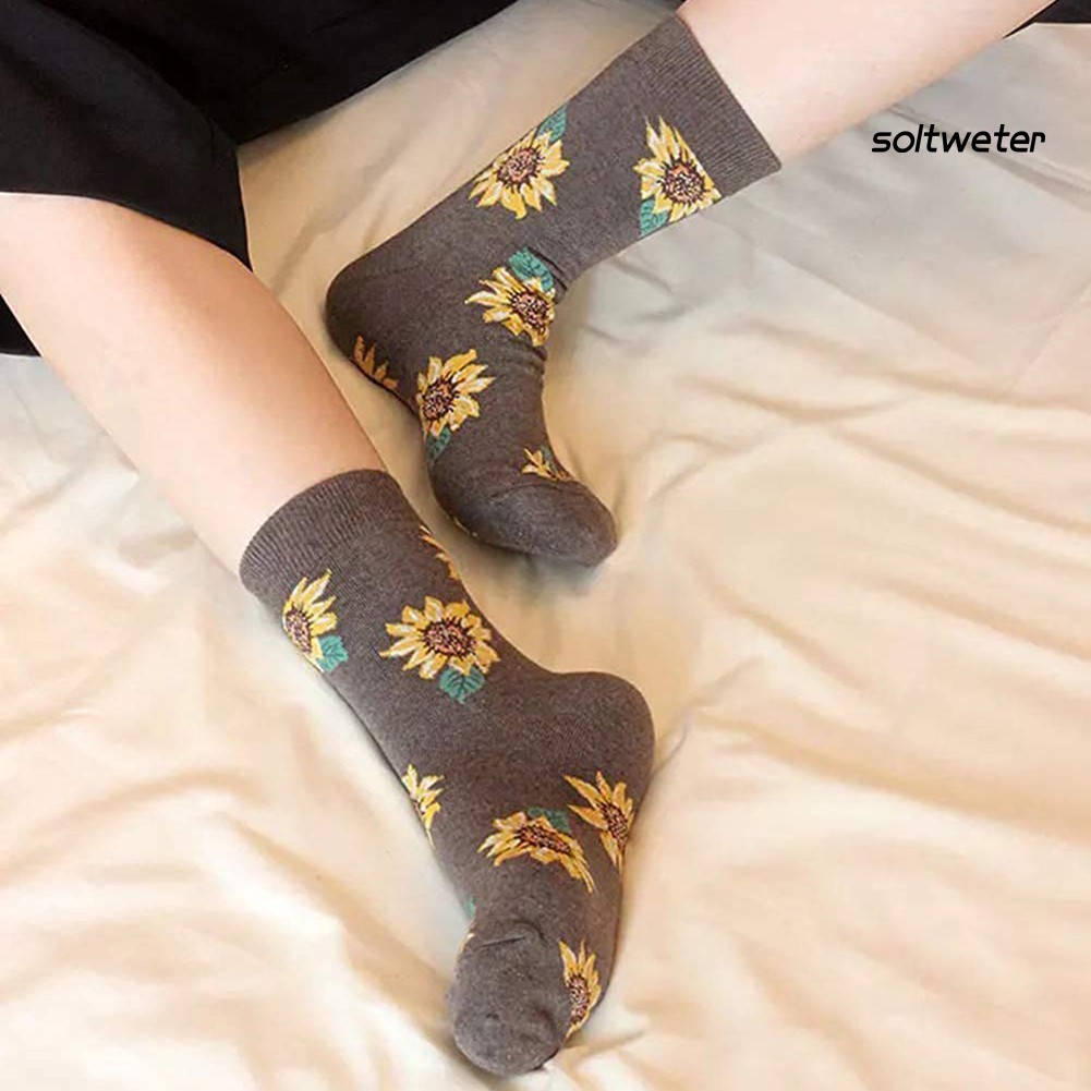 Vớ Cotton Cổ Cao Co Giãn Thoáng Khí Họa Tiết Hoa Hướng Dương Cho Nữ