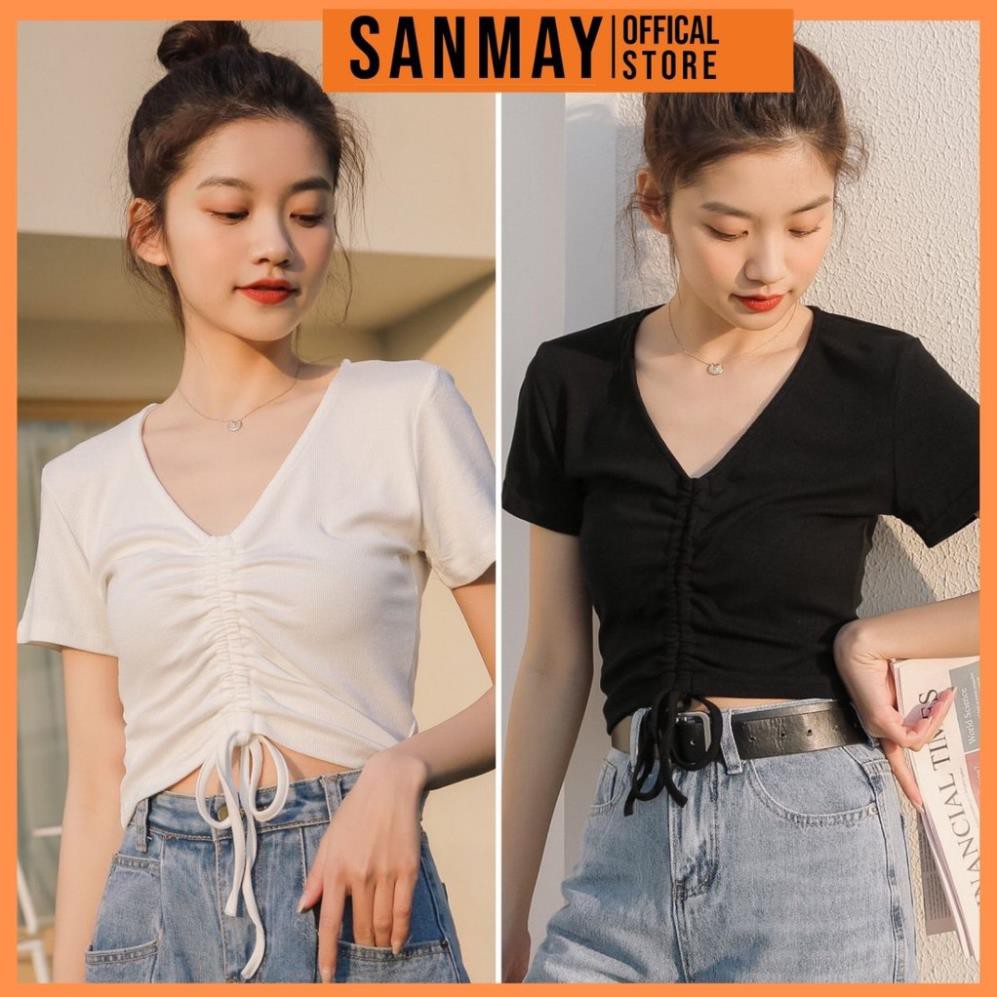 Áo Croptop Rút Dây Tay ngắn SANMAY chất thun gân co giãn rút ngực buộc nơ cá tính ôm sexy cổ tim màu đen trắng AO002 Đẹp