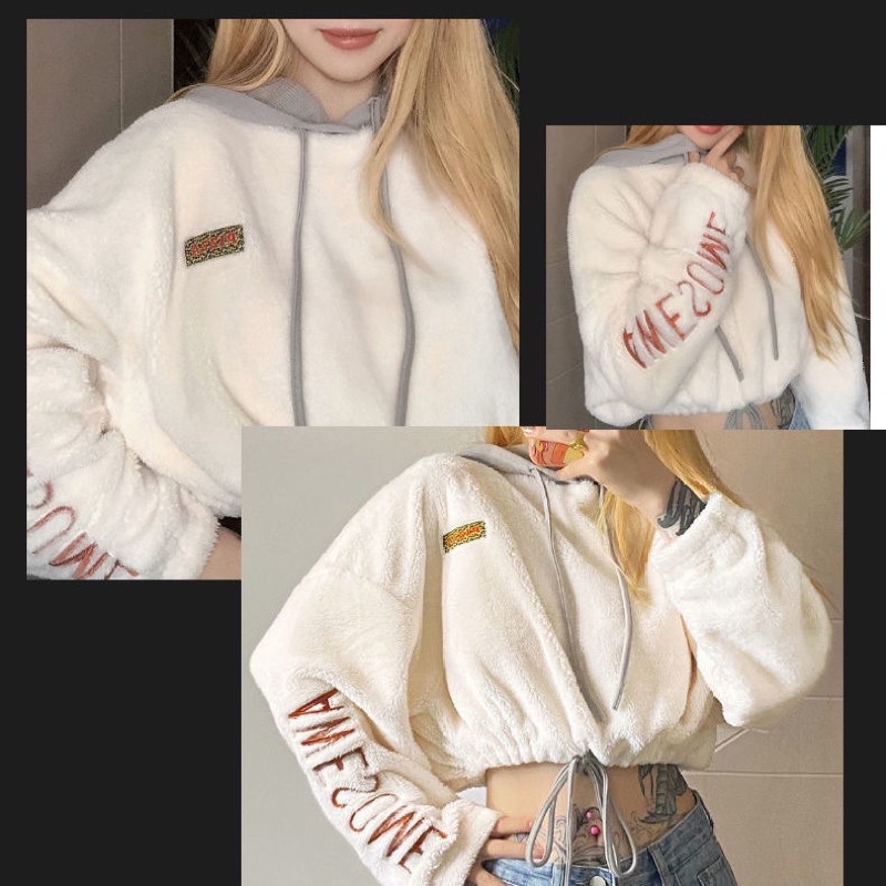 Áo hoddies lông croptop thêu chữ ở tay hàng taobao