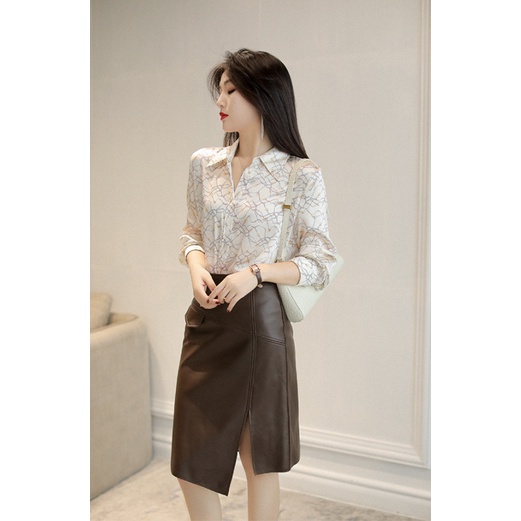 Chân váy da PU màu nâu mix khóa kéo