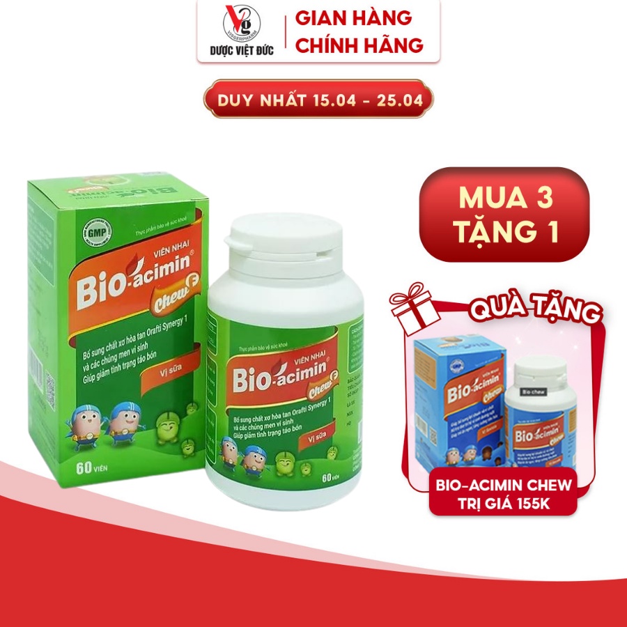 Viên nhai Bio acimin Chew F bổ sung chất xơ hòa tan và men vi sinh giúp hỗ trợ giảm tình trạng táo bón hộp 60 viên