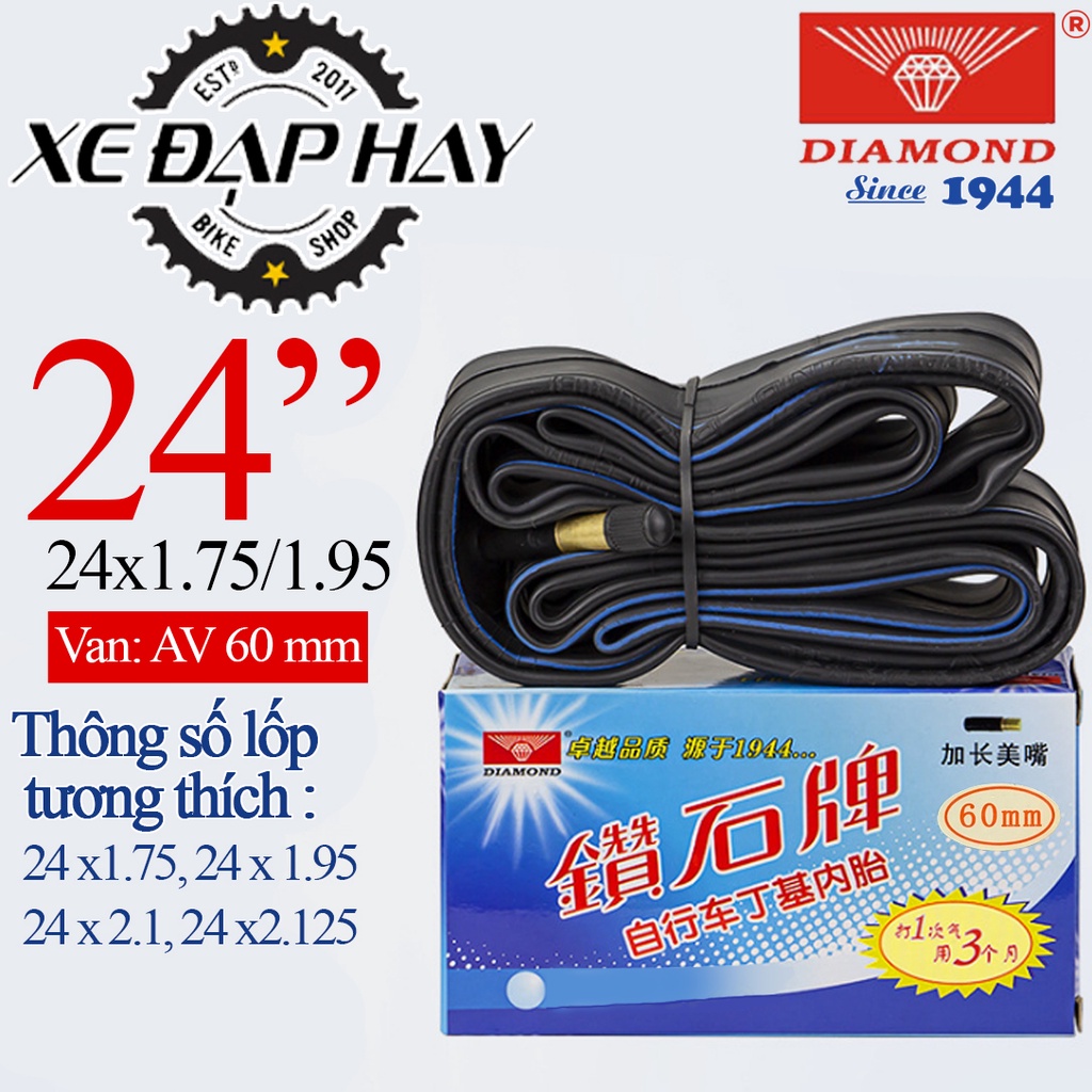 Săm Xe Đạp DIAMOND Cỡ 24x1.75/195 Van 60MM | Ruột Xe Đạp Trẻ Em Địa Hình MTB Bánh 24 Inch | Dùng Cho Vành Cao 4 CM