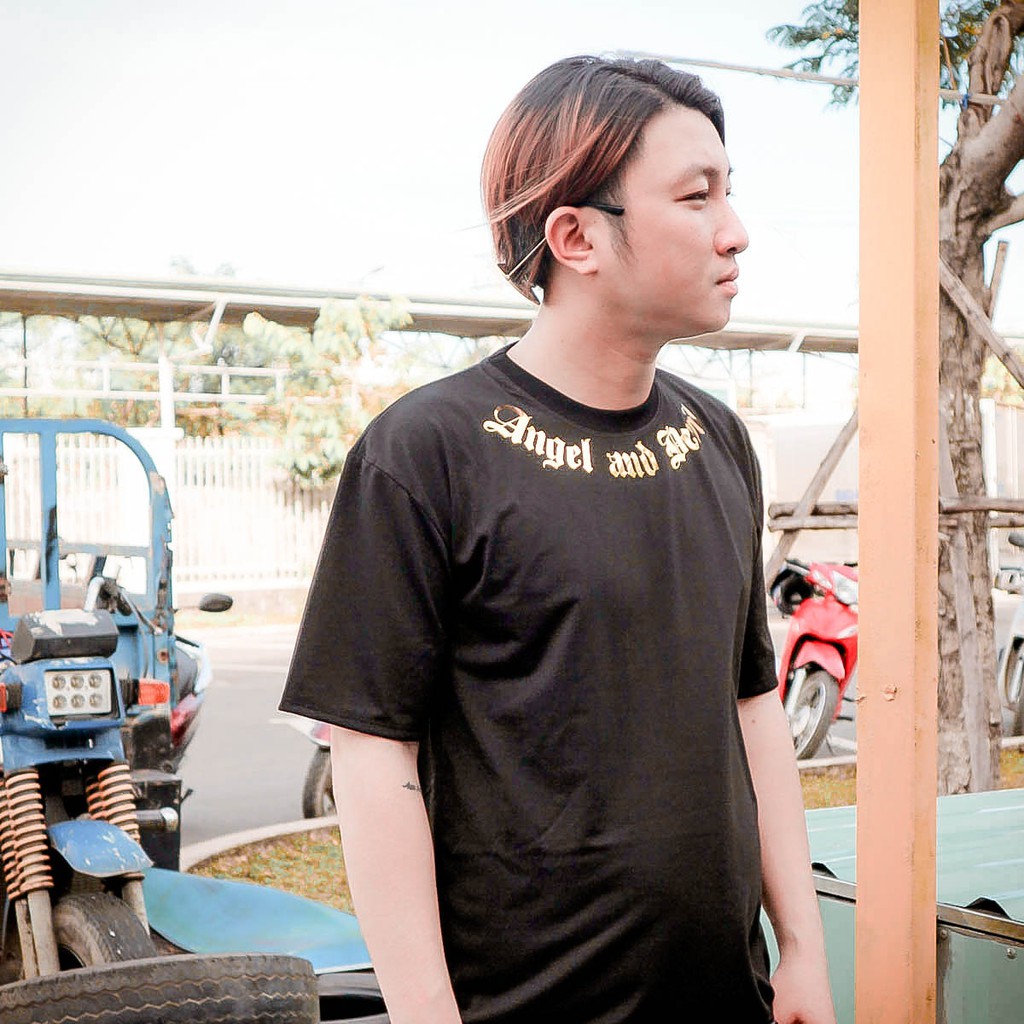 Áo thun tay lỡ nam nữ nhũ vàng Angel Devil