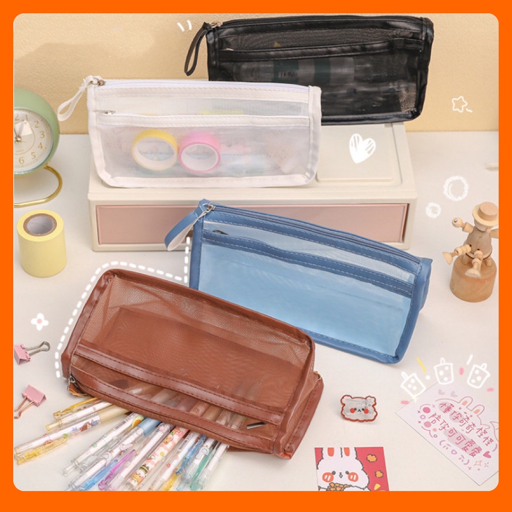 Túi đựng bút viết 2 ngăn lưới cỡ lớn trong suốt thời trang học sinh đẹp rẻ để đồ dùng học tập đa năng