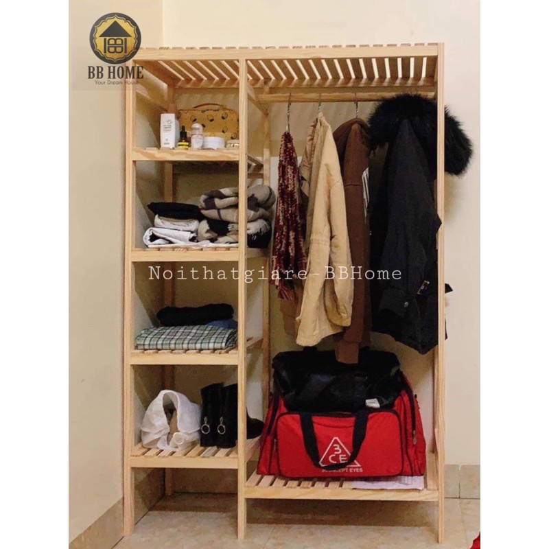TỦ KỆ GỖ THÔNG TREO QUẦN ÁO 2 NGĂN LẮP RÁP