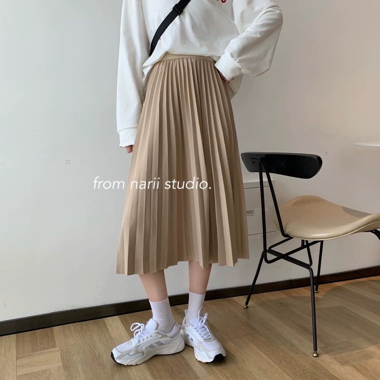Chân váy dài Ulzzang NARII chân váy xếp ly phong cách Hàn Quốc màu be | BigBuy360 - bigbuy360.vn