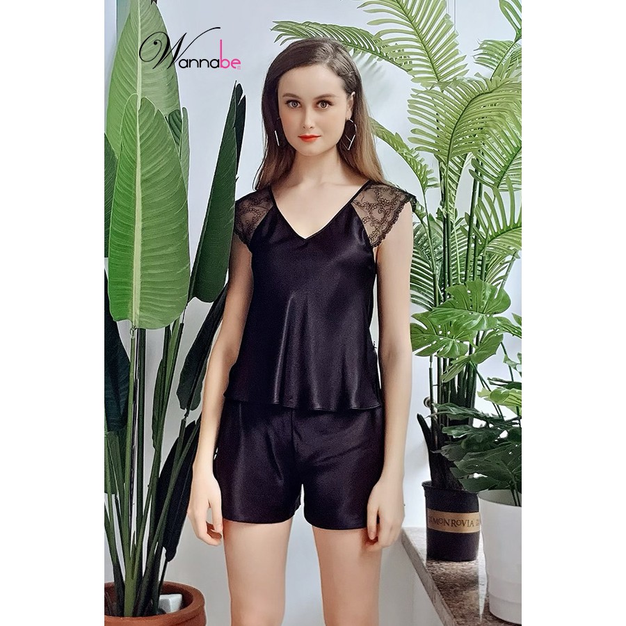 Đồ bộ mặc nhà phi lụa Wannabe bộ sọt bss06 tay áo phối ren nữ tính