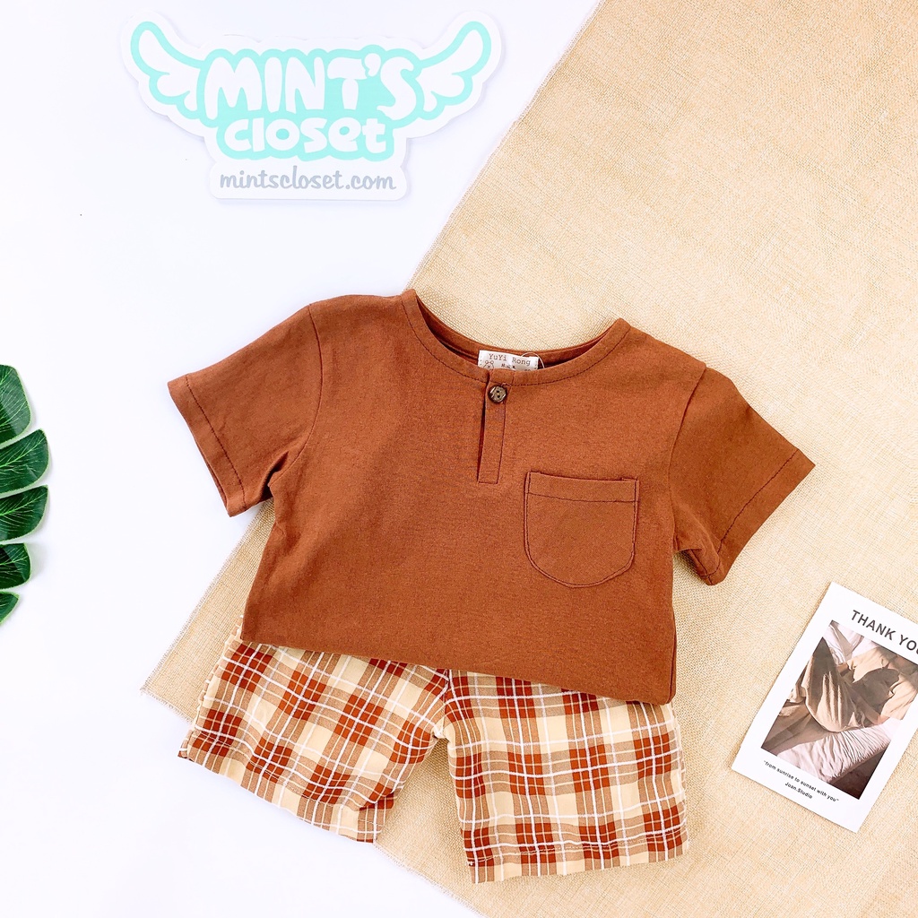 Set áo thun cotton có túi kèm quần caro lưng thun bé trai đi chơi 1 2 3 4 5 tuổi MINTSCLOSET Mint's Closet - TN3015