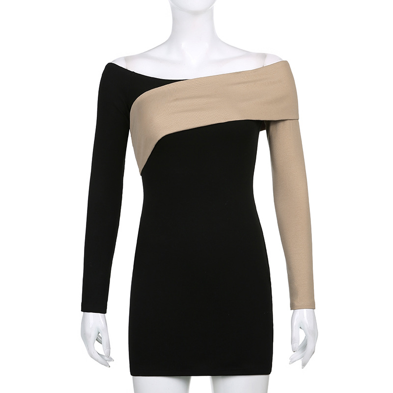 DUNEA Đầm Dài Tay Trễ Vai Phối Màu Xinh Xắn Dành Cho Nữ