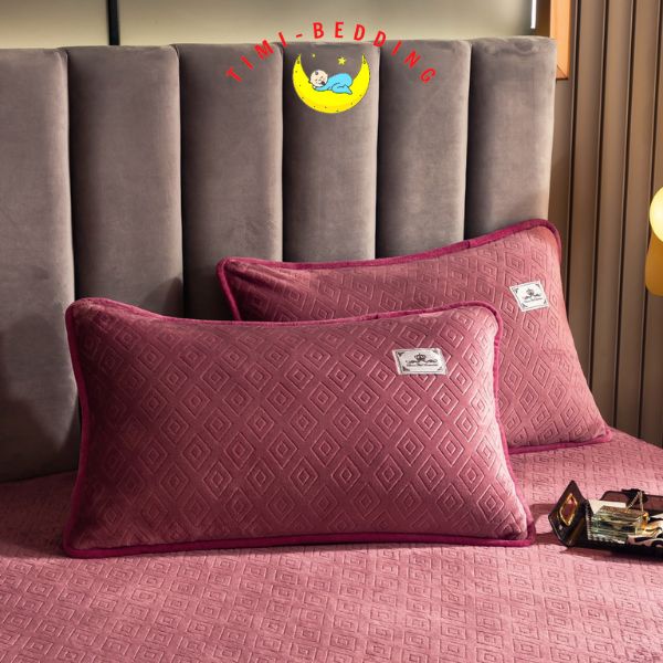 Ga gối nỉ nhung cao cấp 2022 họa tiết hình thoi - Bộ ga nỉ trải giường Timibedding
