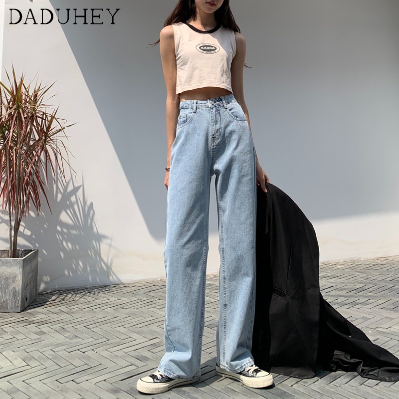 Daduhey Quần jean ống rộng lưng cao phong cách Hàn Quốc độc đáo cho nữ