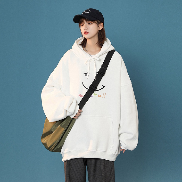 Áo Hoodie Dáng Rộng In Hình Mặt Cười Phong Cách Retro Cho Nữ