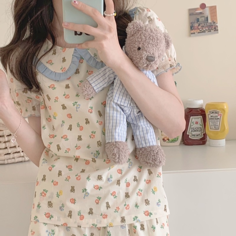 Bộ Đồ Ngủ Ngắn Tay Cổ Búp Bê Phối Ren Thời Trang Mùa Hè Dành Cho Nữ