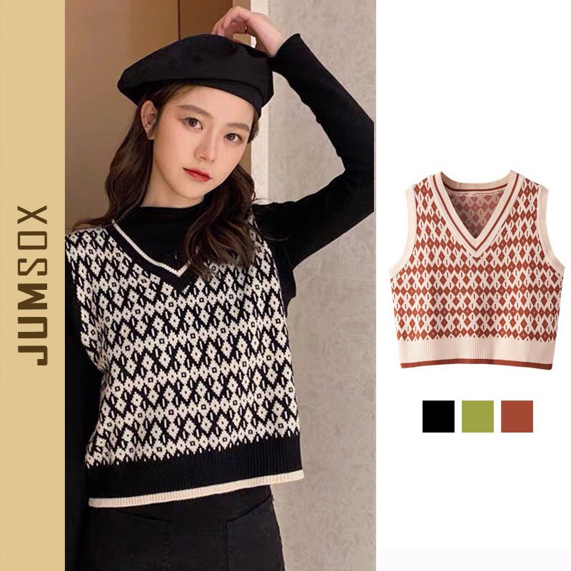 ✾ↂ♟Áo len gile nữ thổ cẩm cổ tim ulzzang hàn quốc vintage giá rẻ JUMSOX –TS-JS0041