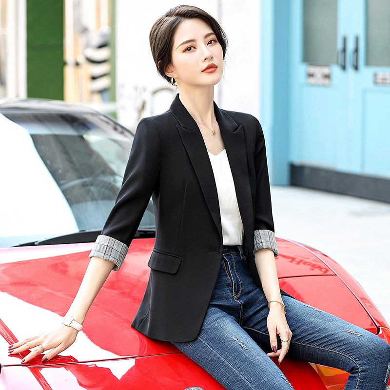Áo khoác vest nữ màu đen ngắn, nhỏ, các mẫu mùa xuân và thu 2021 Phiên bản Hàn Quốc của dáng dài ôm sát đườn