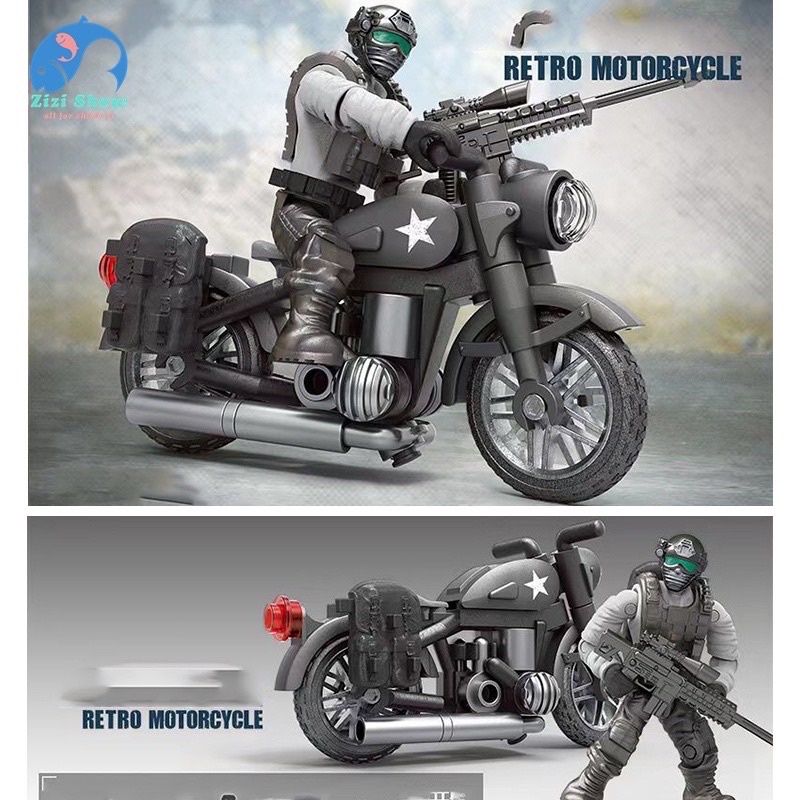 Đồ chơi mô hình lắp ráp xe Moto và lính Retro mini