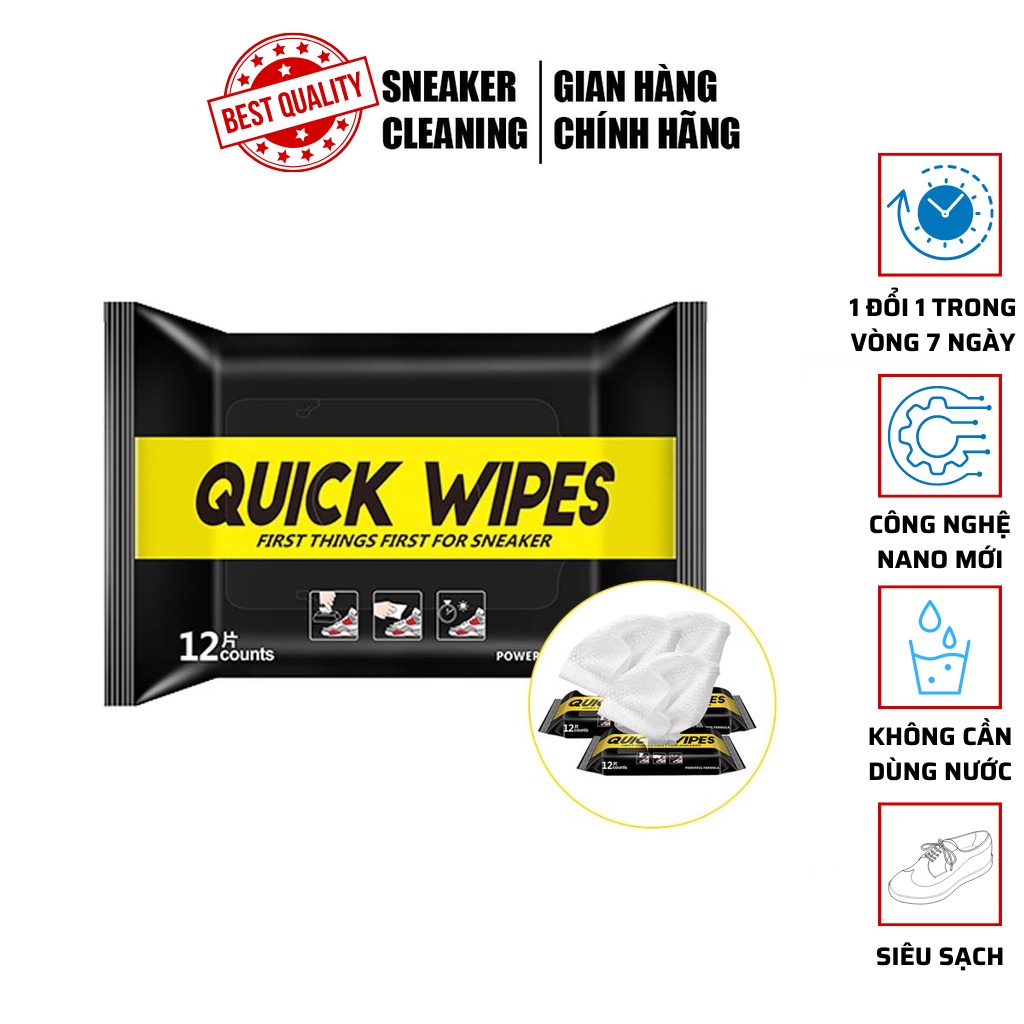 Khăn giấy ướt lau giày Sneaker Quick Wipes 12 khăn chùi vệ sinh giày siêu sạch, tiện dụng, có thể mang theo người
