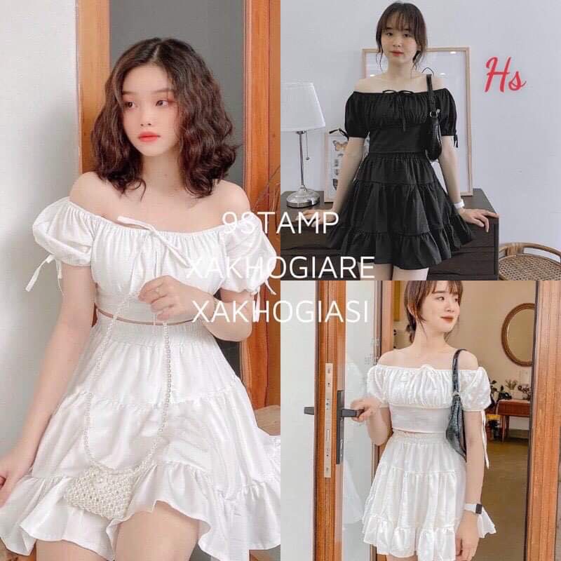 Sét váy tầng áo trễ vai HS6