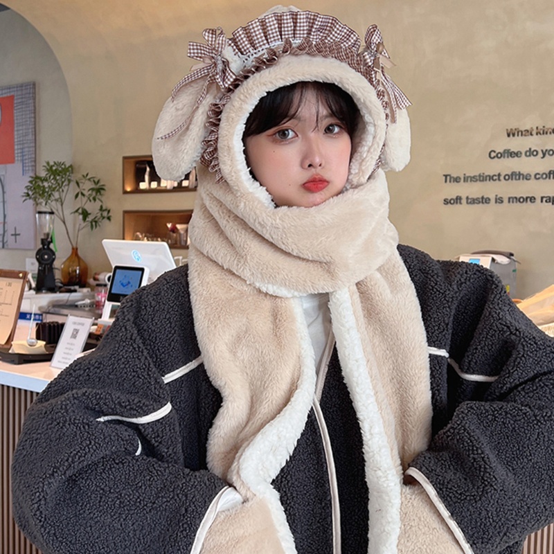 Youyo Mũ Lông Kèm Găng Tay Tai Thỏ 3 Trong 1 Dày Dặn Giữ Ấm Mùa Đông