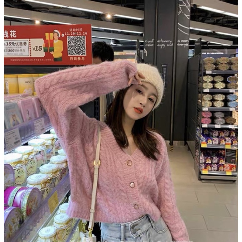 Áo cardigan len crotop Basic phối cúc áo khoác len mịn lông thỏ 3 màu phong cách hàn quốc