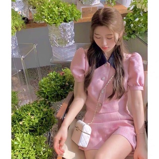  Sét váy dạ tweet áo sơ mi cộc tay Crop tay bồng tiểu thư kèm chân váy cao cấp   Sét váy dạ ngắn   