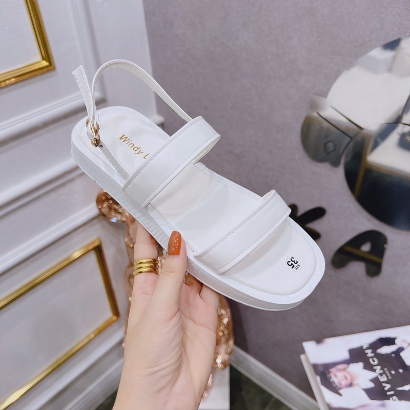 Giày sandal nữ đế bánh mì 2 quai da lì đơn giản dễ đi