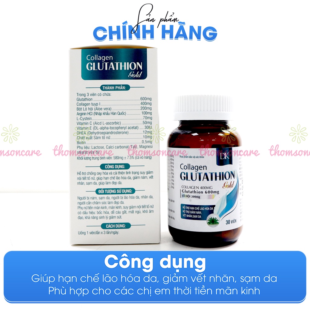 Bổ sung Glutathion giảm nám sạm da, lão hóa da, tăng nội tiết tố Collagen Glutathion Gold - Hộp 30 viên