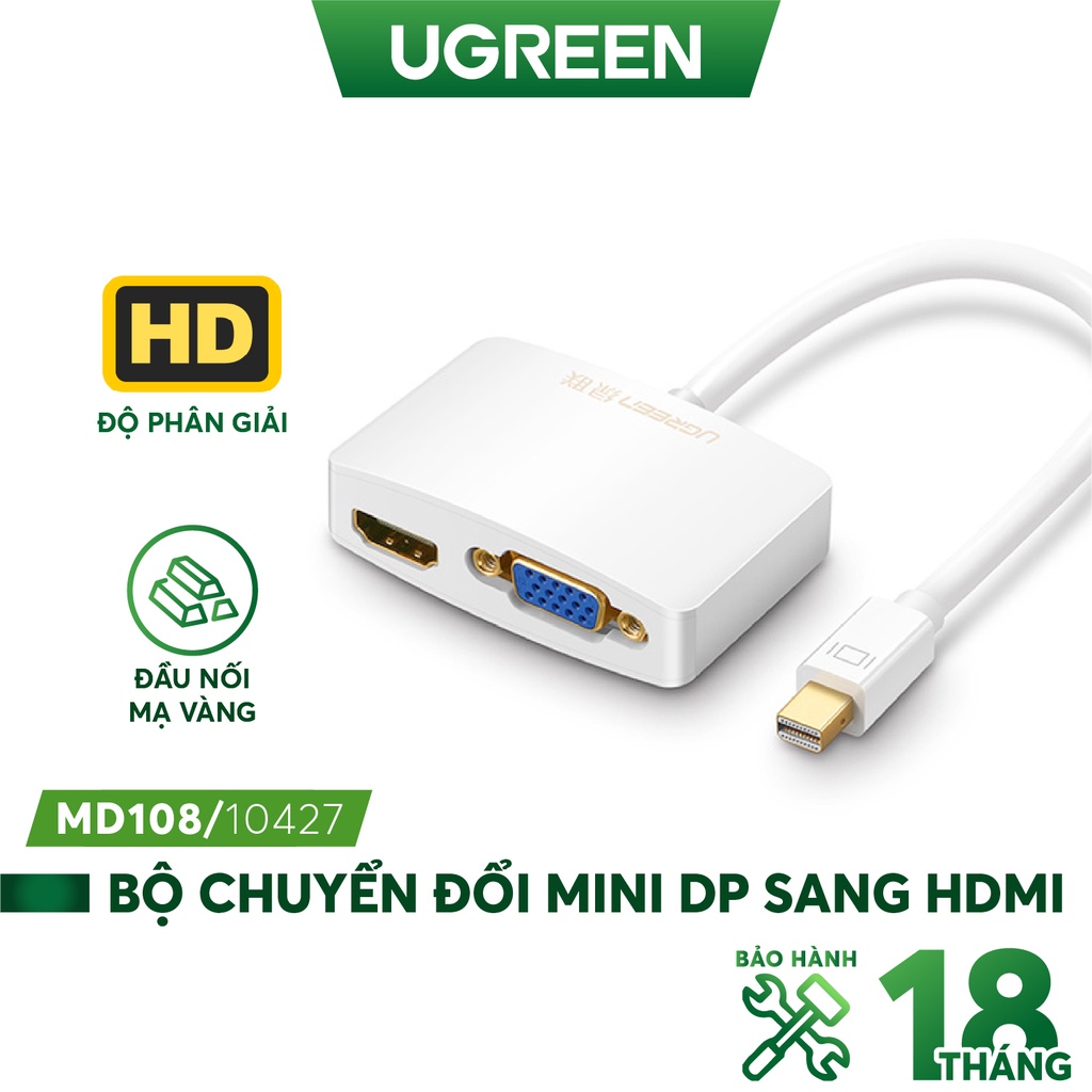 Cáp chuyển mini DisplayPort sang HDMI và VGA dài 15CM UGREEN MD108 - Hàng phân phối chính hãng - Bảo hành 18 tháng