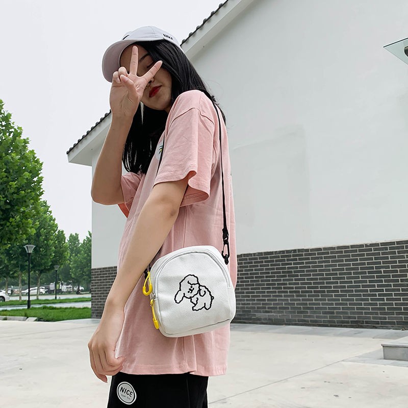 Túi canvas đeo chéo thêu hình chú cún ngộ nghĩnh đáng yêu phong cách Harajuku Nhật Bản