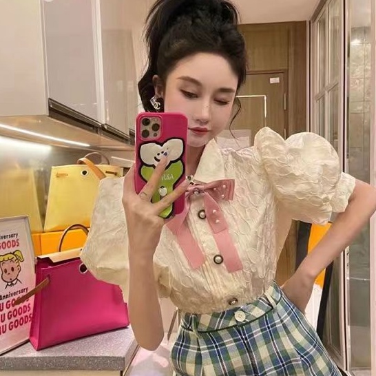 Áo sơ mi mùa hè dáng rộng tay ngắn phong cách pháp cổ điển thời trang mùa hè 2024 cho nữ