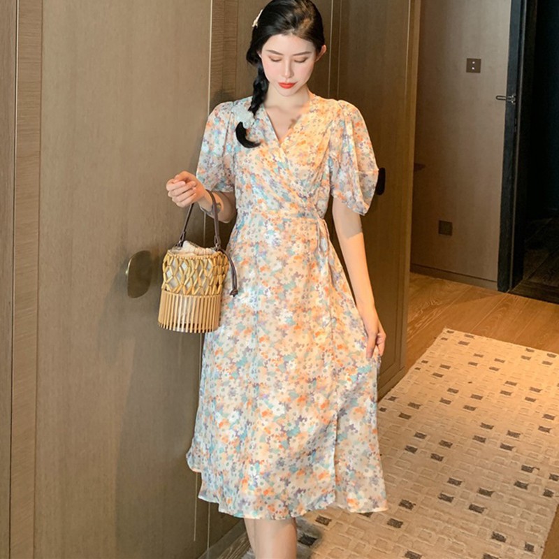 Đầm dài họa tiết hoa cổ V cho nữ