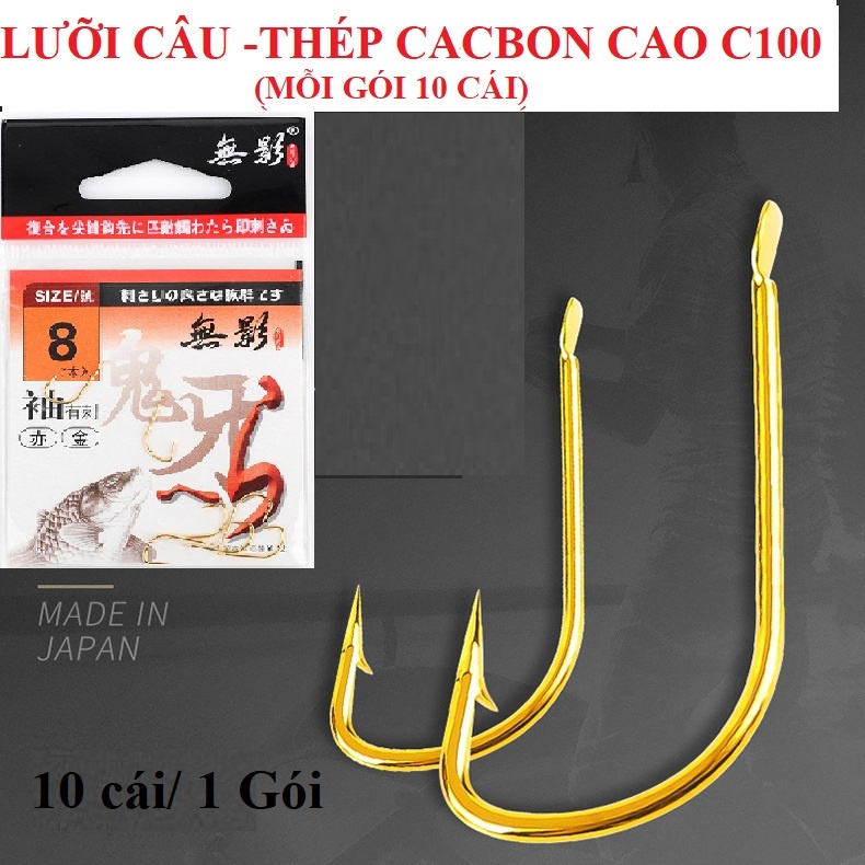 Lưỡi câu nhật lưỡi câu thép carbon cao CC100 , lưỡi vàng  móc có ngạnh, số lượng móc câu mỗi gói 10 cái