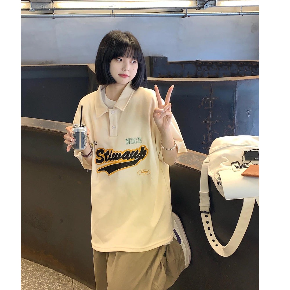 AMOI Áo polo Ngắn Tay In Họa Tiết Chữ Phong Cách Retro Thời Trang Cho Nữ