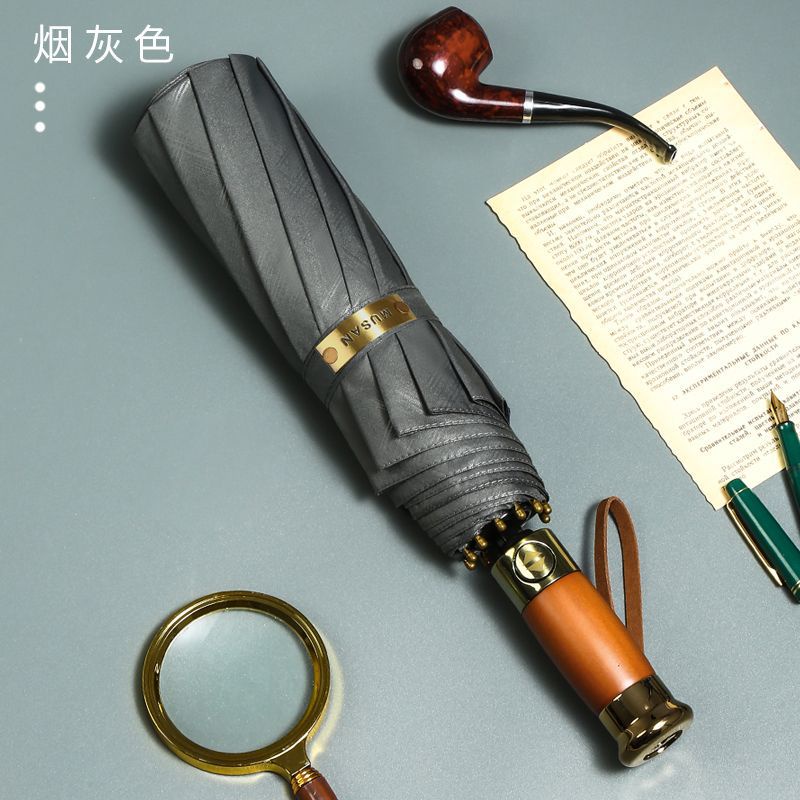 Dù Gấp Tự Động 10 Xương Chống Mưa Nắng Tay Cầm Gỗ