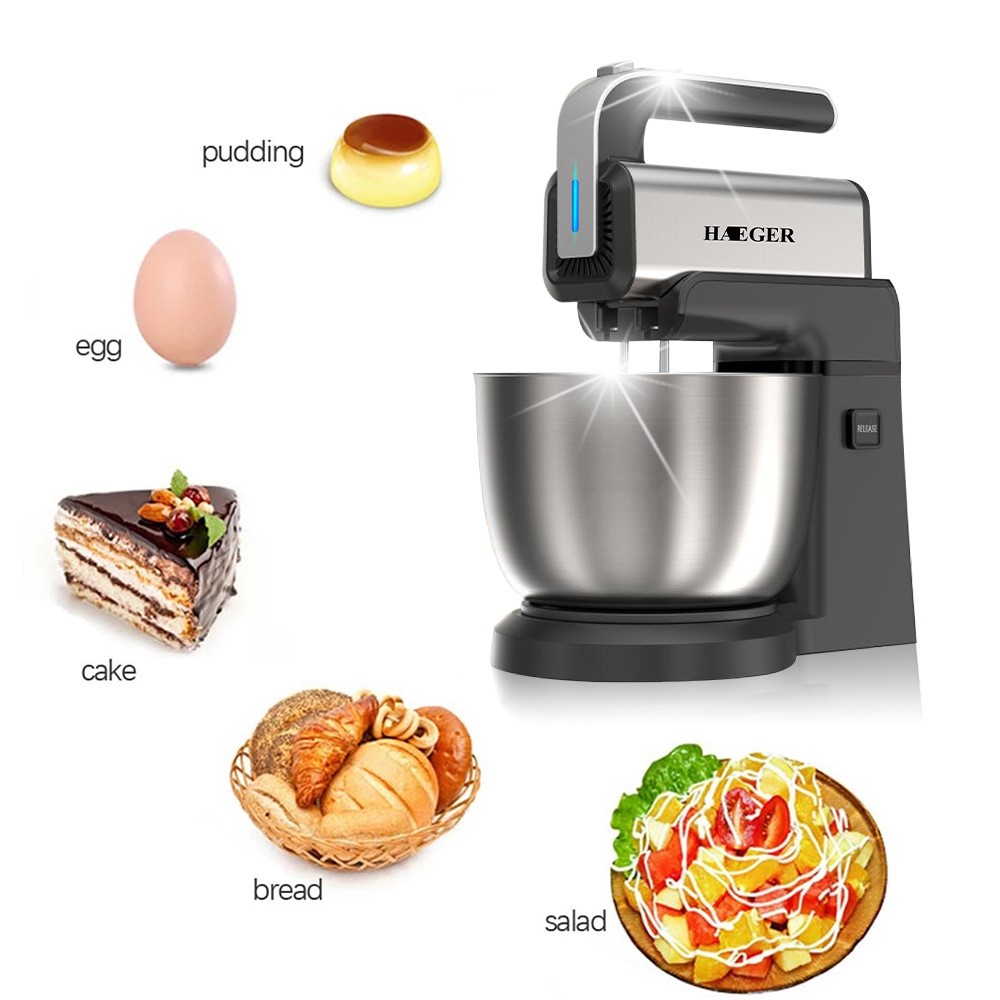 Máy đánh trứng, trộn bột để bàn HAEGER Turbo 300W, thố Inox 3.5 Lít