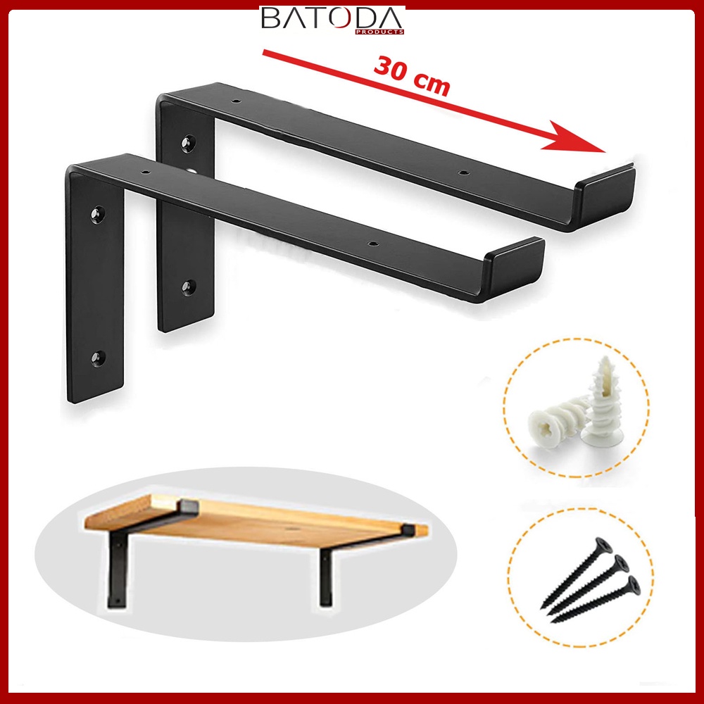 Bộ 2 ke sắt chữ L pát mặt trên 20cm - 25cm - 30cm, giá đỡ kệ thép đặc phủ sơn tĩnh điện, kèm đinh vít