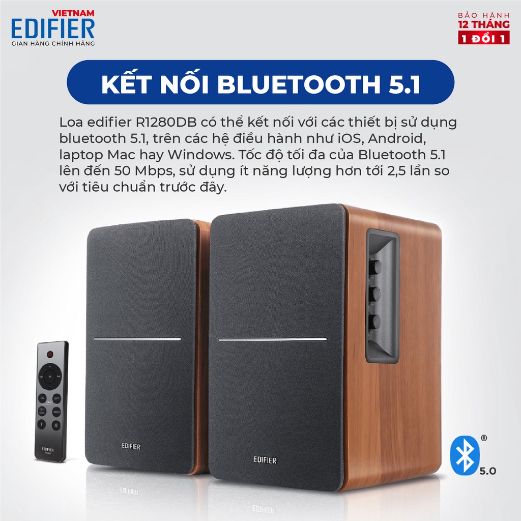 Bộ loa Bluetooth Bookshelf EDIFIER R1280DBs | Bluetooth 5.0, Subout | Điều khiển từ xa | Bảo Hành 12 Tháng.