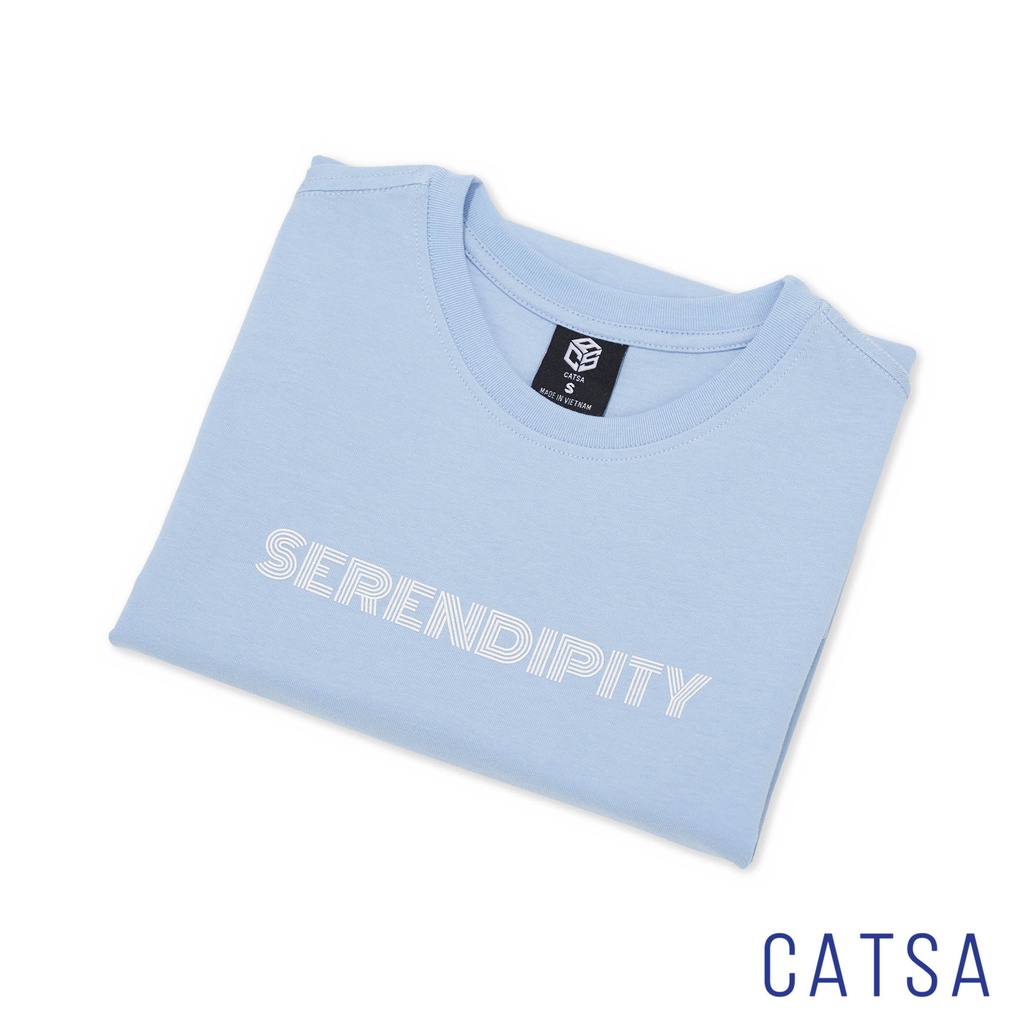 Áo thun xanh biển in chữ SERENDIPITY form slimfit, thoáng mát, thoải mái CATSA ATN292
