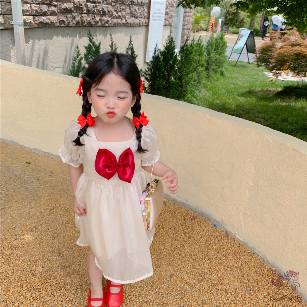 Đầm Công Chúa Tay Phồng Cổ Vuông Thắt Nơ Phong Cách Hàn Quốc Xinh Xắn Cho Bé Gái