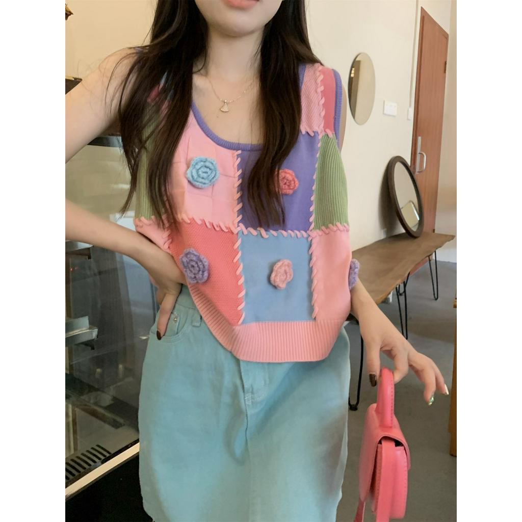 Áo Dệt Kim Ba Chiều Sọc Ca Rô Màu Tương Phản Dễ Thương 62120