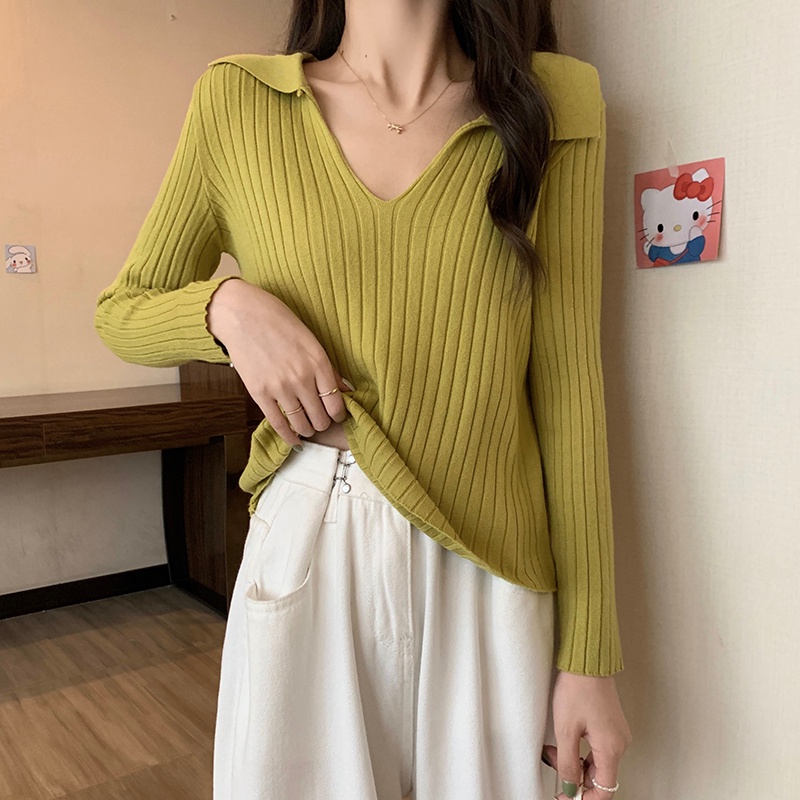 Áo kiểu ZHELIHANGFEI vải dệt kim tay dài cổ polo dáng ôm thời trang cá tính cho nữ