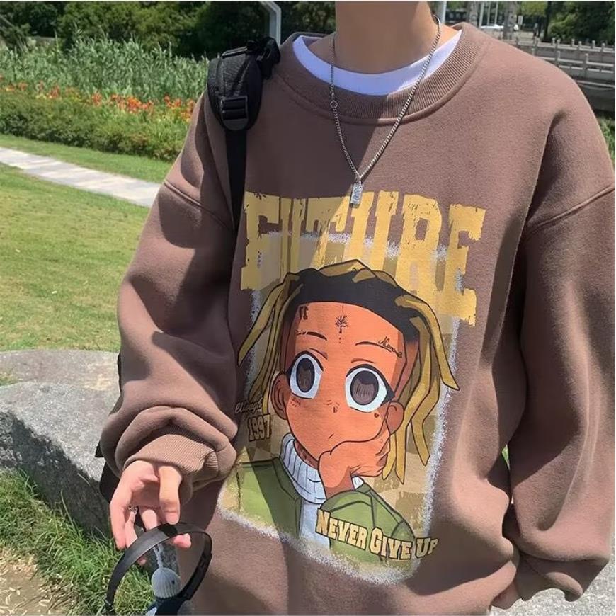 Áo Sweater Tay Dài Cổ Tròn Dáng Rộng In Họa Tiết Hoạt Hình Phong Cách Hip hop Thời Trang Cho Nam Giới Size M-5XL