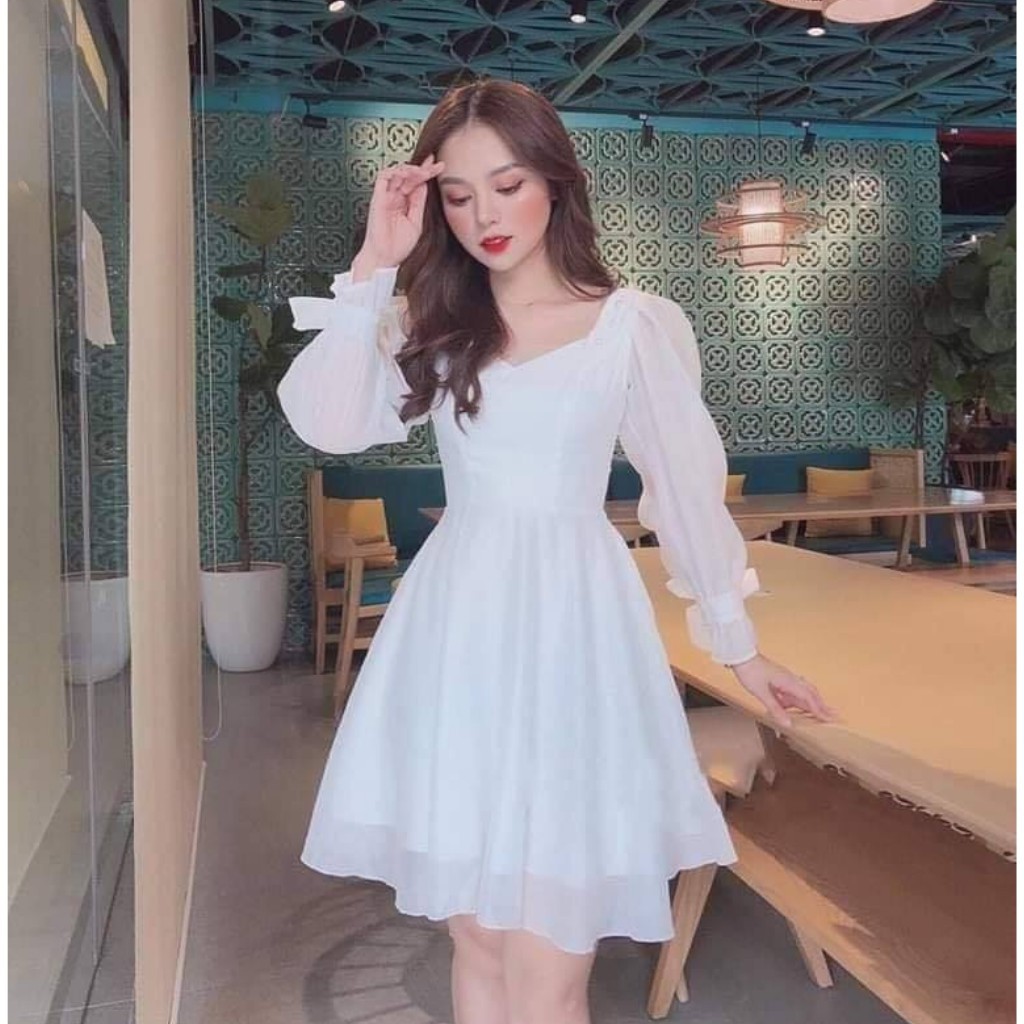 Đầm trắng dáng xòe cổ vuông phối nút bọc tay nơ [KÈM ẢNH THẬT] | BigBuy360 - bigbuy360.vn