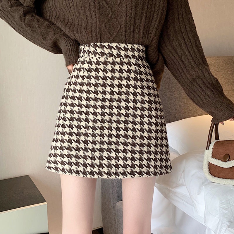 Váy ngắn chữ A thắt eo cao Houndstooth mới cho mùa thu đông