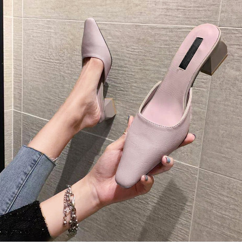Summer Pointed Toe Mid Heel Mules Chunky Heel Slip-on Lazy Pump Half Slippers Outdoor Slippers Women's Classy Shoes Summ