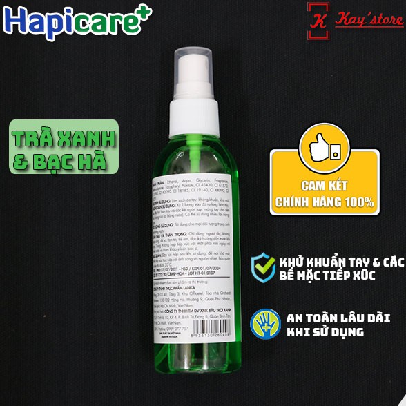 Chai xịt khuẩn mini HapiCare+ (100ml) / Dung dịch rửa tay sát khuẩn / Nước khử khuẩn / Xịt rửa tay khô