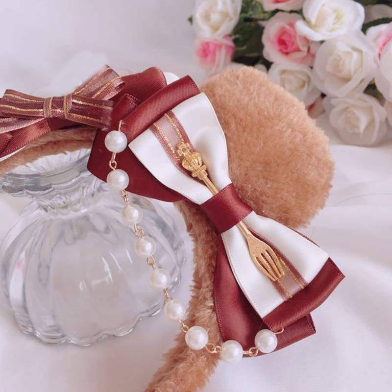 Cài tóc tai gấu bằng vải lông trang trí nơ và chuỗi hạt ngọc trai nhân tạo lolita dễ thương cho tiệc hóa trang anime