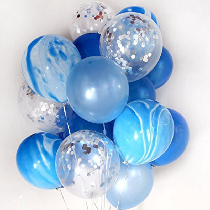 Bộ 20 quả bóng bay helium màu xanh dương đá hoa cương phối hoa giấy confetti bạc cho tiệc sinh nhật