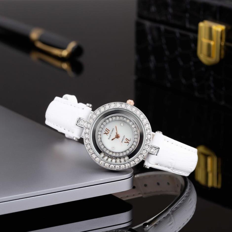Đồng hồ nữ Royal Crow mặt tròn đính viền đá nhỏ xinh dây da cao cấp DHN170 shop813